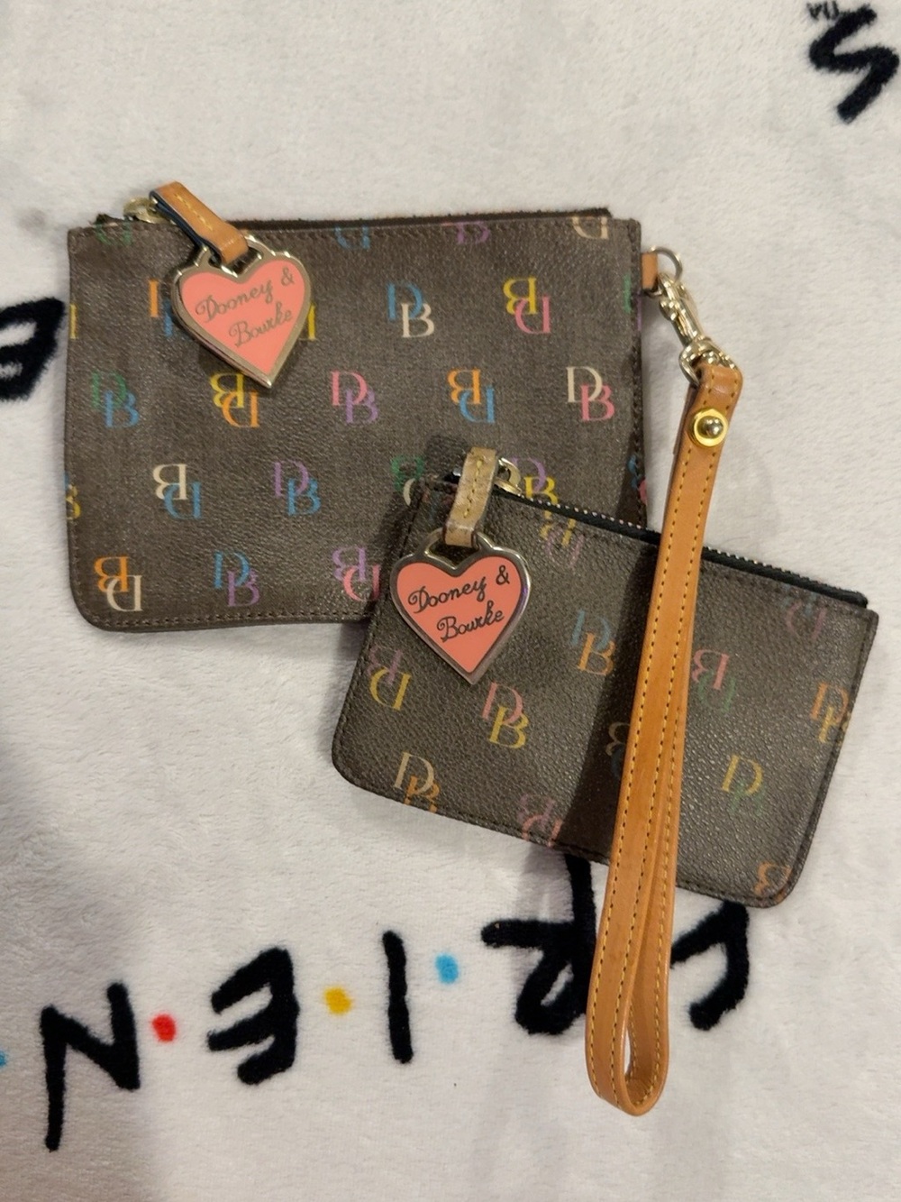 Dooney & Bourke Brown Multicolor Logo Wristlet Duo with Tan Strap